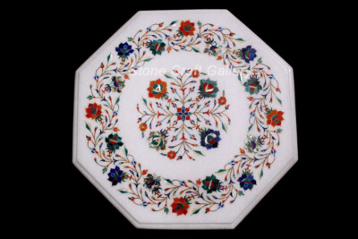 15'' White Marble Table Top Semi Precious Stones Floral Art Inlay Work