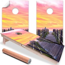 Pier at Sunrise Summer Beach House Cornhole Board Wraps and Decals Vinyl Sticker