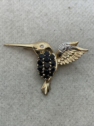 14K Yellow Gold Sapphire & Diamond Hummingbird BIRDIE PIN BROOCH/CHARM PENDANT - Picture 2 of 24