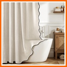 Linen Scalloped Cream Shower Curtain with 12 Metal Hooks Boho Farmhouse Cute ...