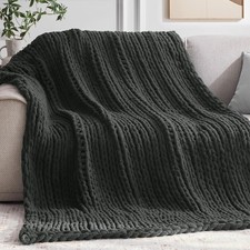 Chunky Knit Throw Blanket 50"x60" Chenille Yarn for Couch Bed, Handmade Dark Gre