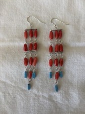 Sterling And SP TURQUOISE And Coral Drop Earrings