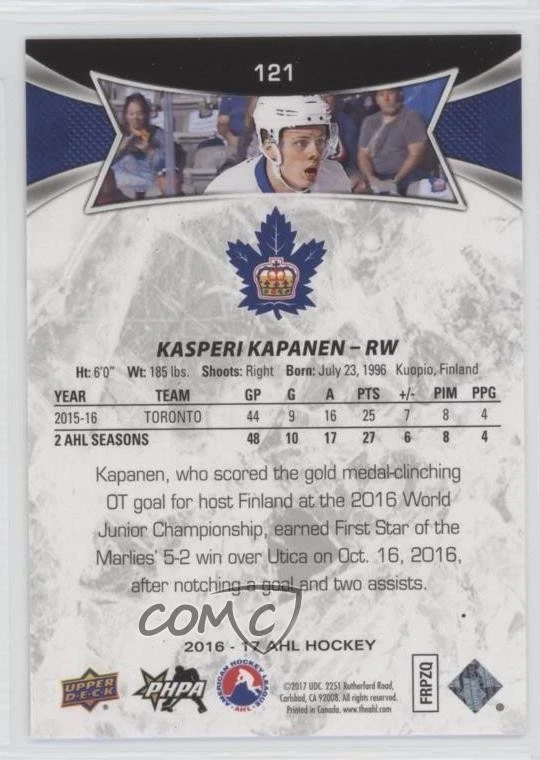 2016-17 Upper Deck AHL SP Red Kasperi Kapanen #121 Rookie RC - Image 2 of 2