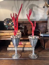 Set of Two Vintage Silver Plated Figural Goblets With Custom Made Red Faux Coral