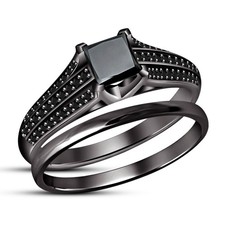 2 CT Princess Lab Created Diamond Bridal Wedding Ring Set 14K Black Gold Over