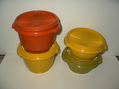 4 Vtg 70's-80's TUPPERWARE Orange-Yellow-Green Servalier Bowls & Lids - 2 Sizes