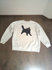 Damen Pullover weiß mit Katzenmotiv Applikat...