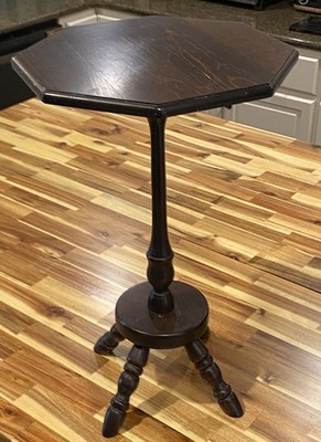 VTG Wood Table Bed Side Octagon Shape Top Plant Stand 4 Spindle Legs Dark Brown