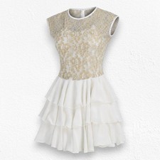 Vintage 1980s Ivory Gold Lace Tiered Party Dress Size 4 USA Made Deadstock