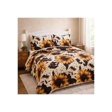 Sunflower Cow Print Bedding Set  3 Piece Western Farmhouse Quilt Queen King Vel