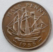 British, 1955, Queen Elizabeth II Half Penny Coin, Half Pence Coin, 1/2d. (G22)