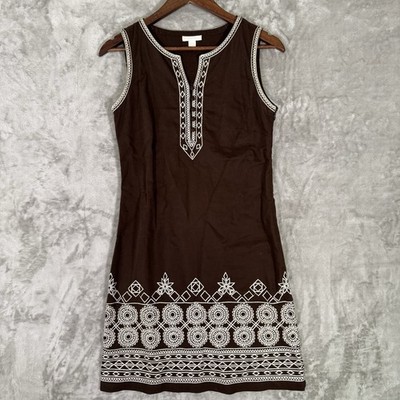 Charter Club Linen Cotton Embroidered Sleeveless Shift Dress Size 6 Brown Boho