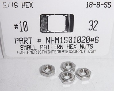 #10-32 Small Pattern Hex Machine Screw Nuts 18-8 Stainless Steel 5/16'' HEX (50)