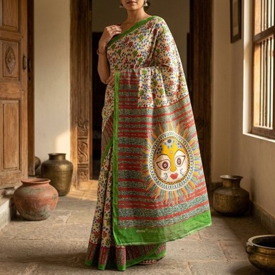 Sanskriti Vintage Saree Cream Pure Cotton Madhubani Art Print Bihar Floral Sari
