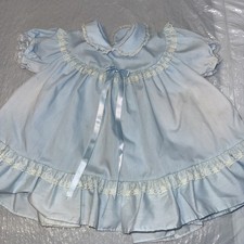 Vintage Alexis Dress Baby Blue Girl 12m Lace detail Trim Ruffle Bow EUC 1 Owner