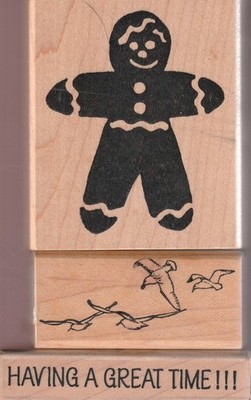 Ink Block Rubber Stamp lot of 3 Ginger Bread Man Seagulls & Having a Great Time