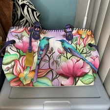 Anuschka Hand Painted Genuine Leather Featuring Hummingbird Floral Tote Bag.