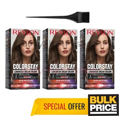 Revlon ColorStay 5 Medium Brown Longwear Haarfarbe Creme 3er Pack Vegan Perma...