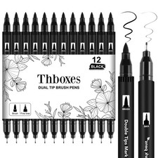 Black Dual Tip Art Pens 0.4mm Fineliner Brush Tip Journaling 12 Pack