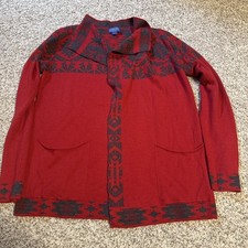 Pendleton Women  s Open Front Cardigan Sweater Aztec Red Gray Merino Wool Blend S