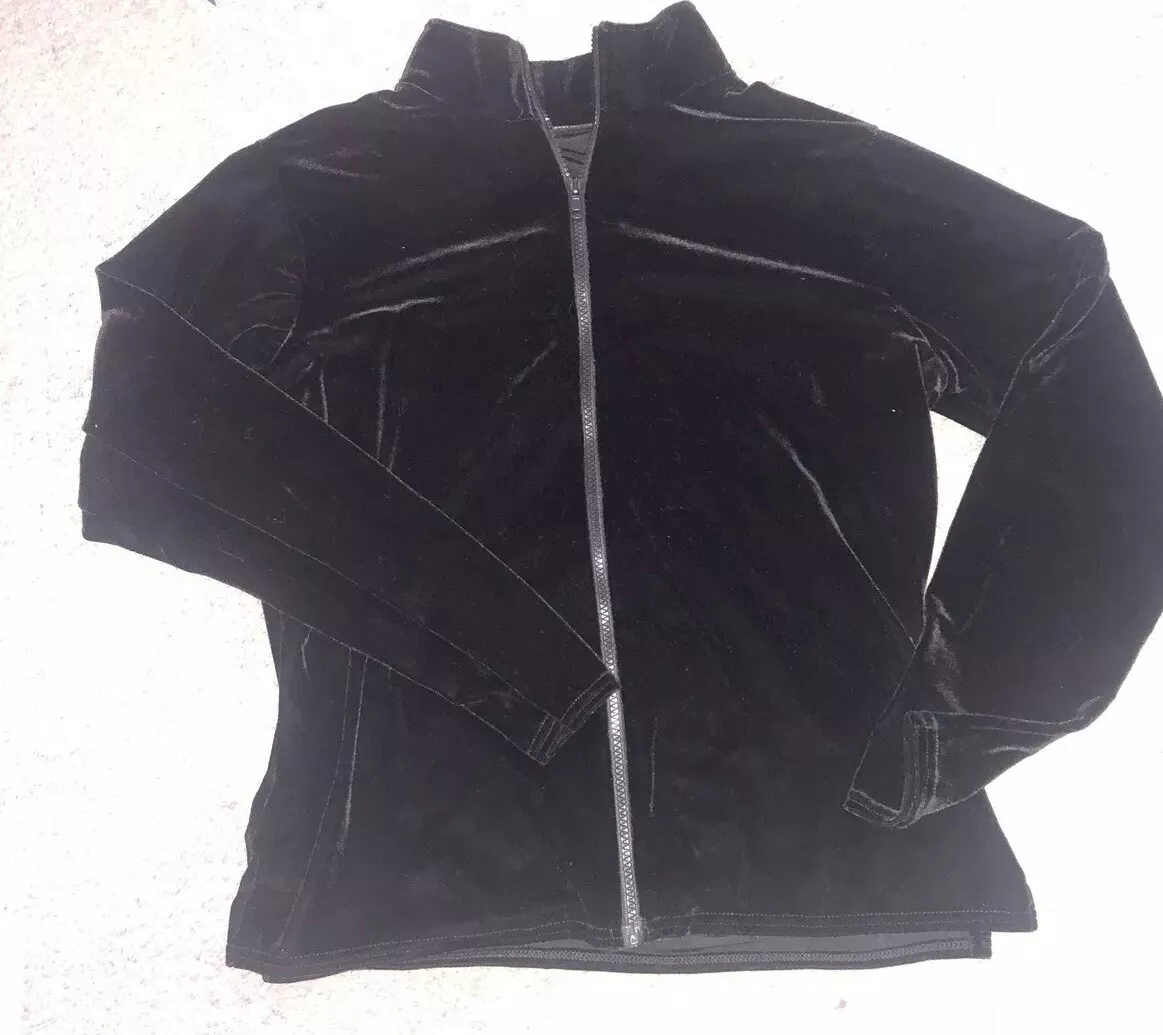 *NICE! Med Vintage Black Velour Zip Up Jacket Shirt Activewear Or Work Casual