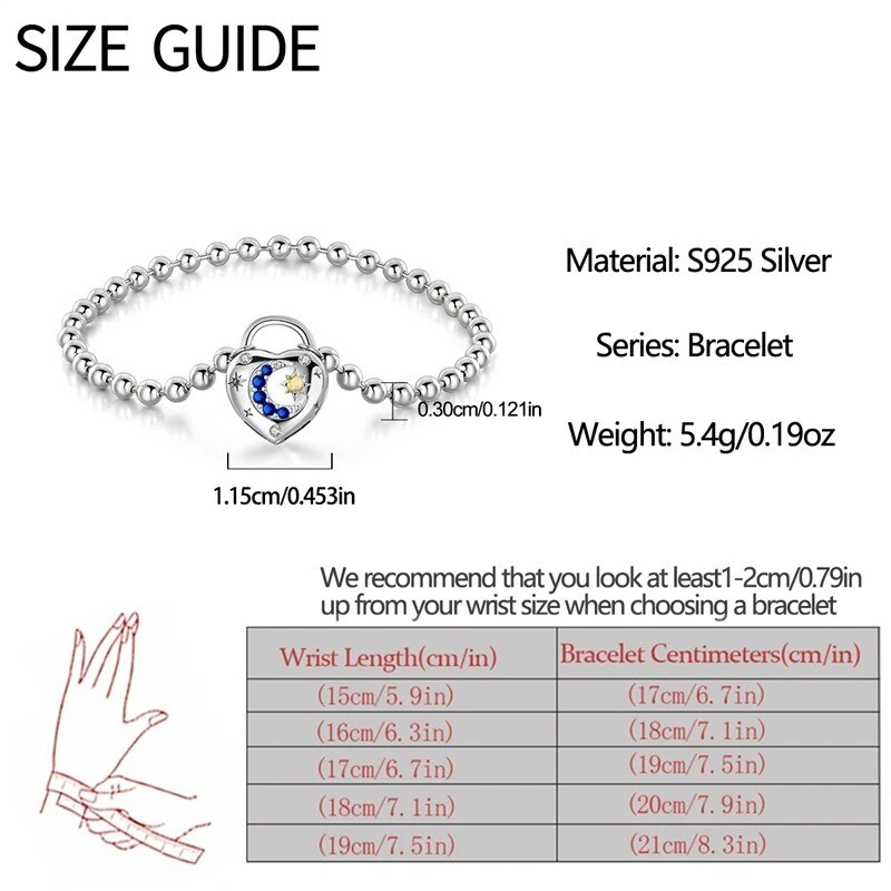 Pulseira feminina KUNSIR 925 prata esterlina coração lua de Vênus contas redondas corrente - Imagem 3 de 4