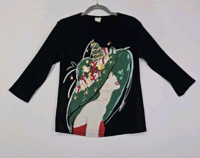 Jess & Jane Shirt Womens M Christmas Hat Gifts Tree 3/4 Sleeve Rhinestone USA