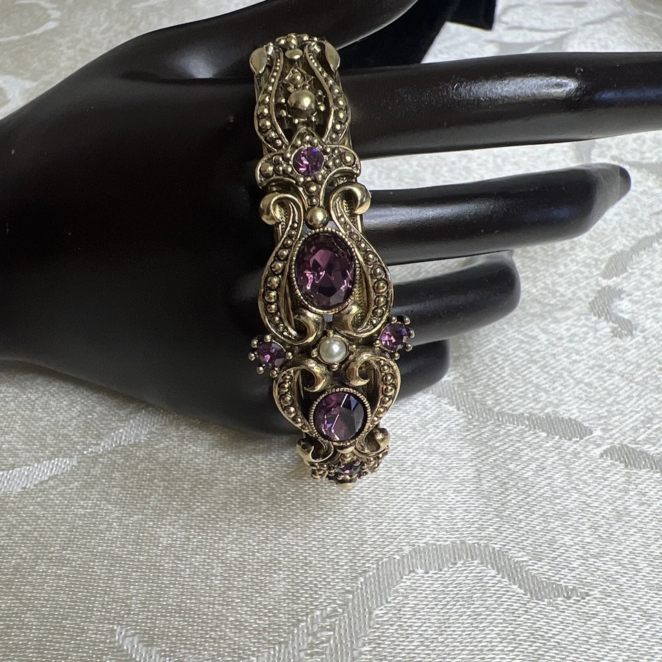 Pulseira articulada estilo vitoriano Avon vidro ametista pérola falsa - Imagem 2 de 4