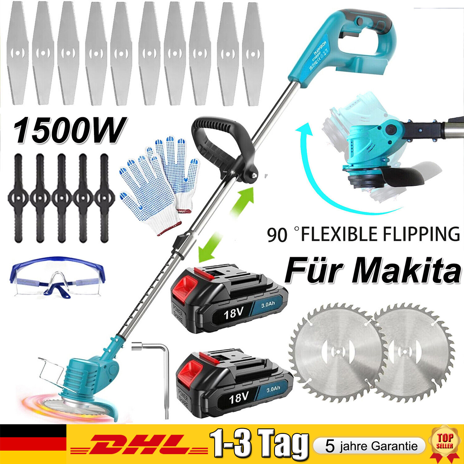 1500W Akku Rasentrimmer mit 2 Akkus & Ladegerät Elektro Freischneider Motorsense