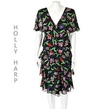 HOLLY HARP Vintage Tiered Black & Floral Silk Chiffon Party Dress SIZE 8/10 M/L