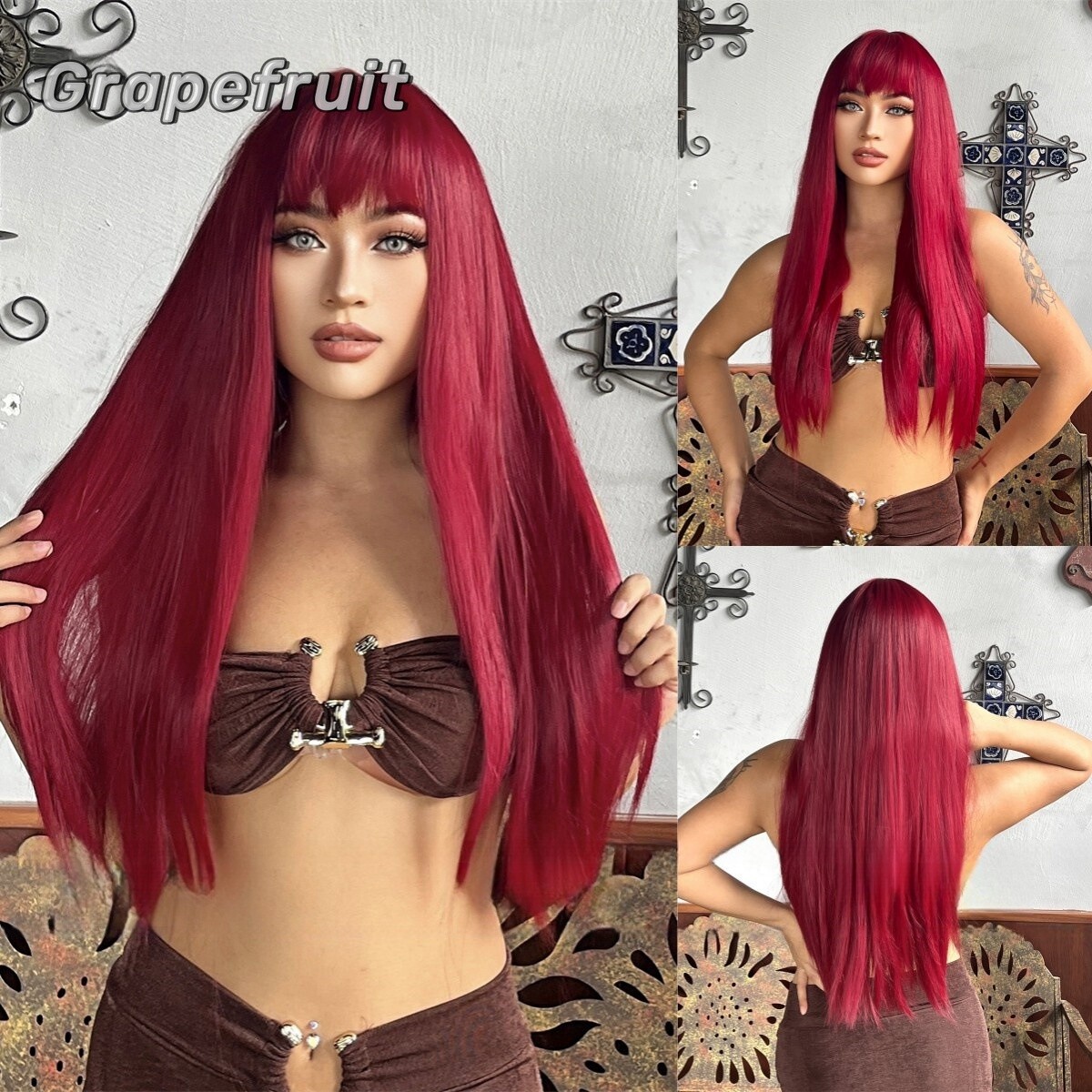 Wig woman long straight hair natural mermaid rose sea king red long hair