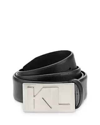 Karl Lagerfeld Paris L80947 Black Kl Plaque Buckle Saffiano Leather Belt Size 32