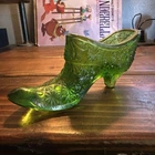 VTG EMERALD GREEN FENTON GLASS SLIPPER SHOE W/BOW~DAISY & BUTTON PATTERN