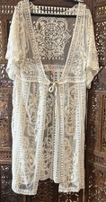 Sheer Ivory Lace Mesh Duster Open Long Boho Kimono Cover Up XL Resort Romantic