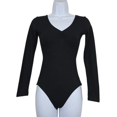 Sansha Womens Simone Black Long Sleeve V-Neck Ruched Ballet Leotard Size 4 NWT
