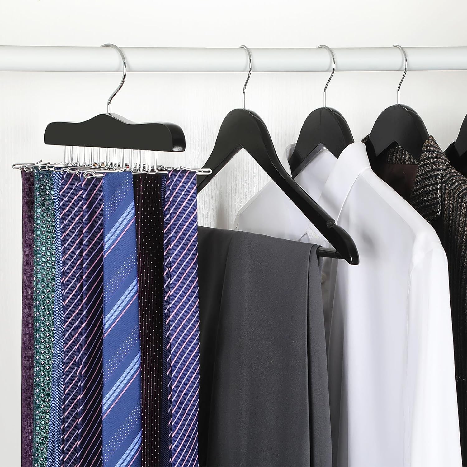 TOPIA HANGER Tie Rack Hanger for Closet, Wooden Organizer 1-Pack, Black 