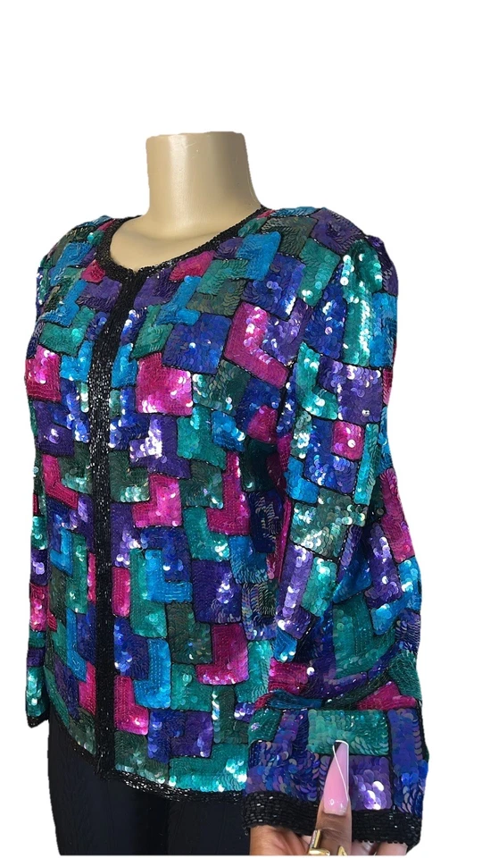 Vintage 80s Stenay Color Block Sequin Jacket - Image 4 of 4