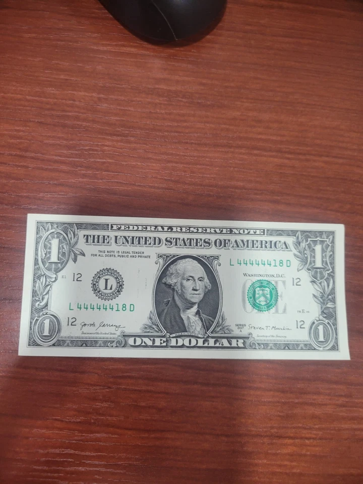 2017A $1 One Dollar Bill Note Fancy Serial Number L44444418D NEAR SOLID 4'S - Image 3 of 4