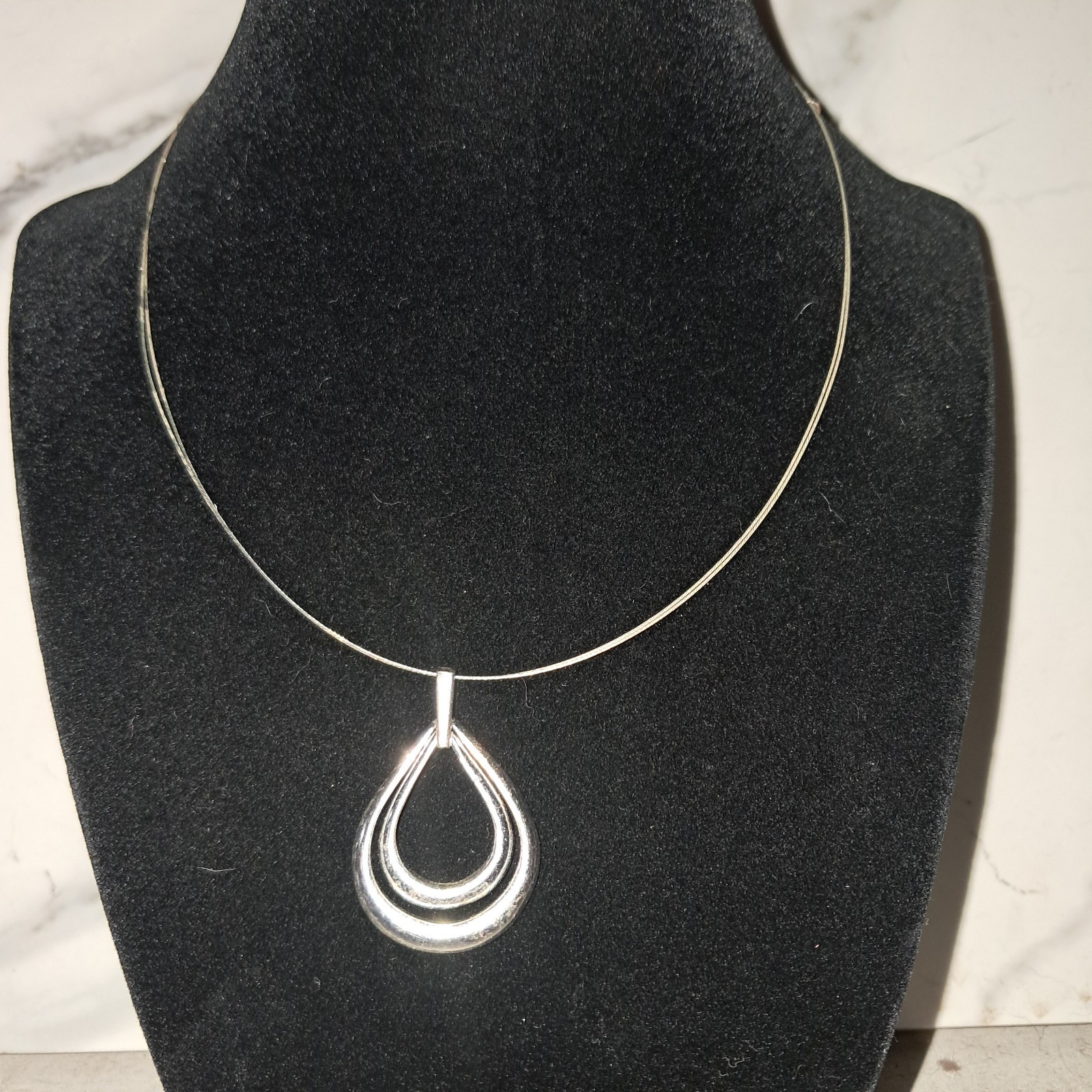 Silvertone Double Loop Pendant On Silvertone Wire… - image 2