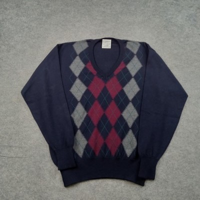 Glenfield Sweater Mens Large Blue Argyle V Neck Pullover Made In Italy