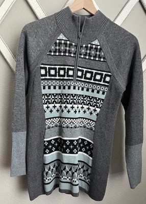 Title Nine Women's S Merino Wool Blend 1/4 Zip Fair Isle Tunic Sweater Gray