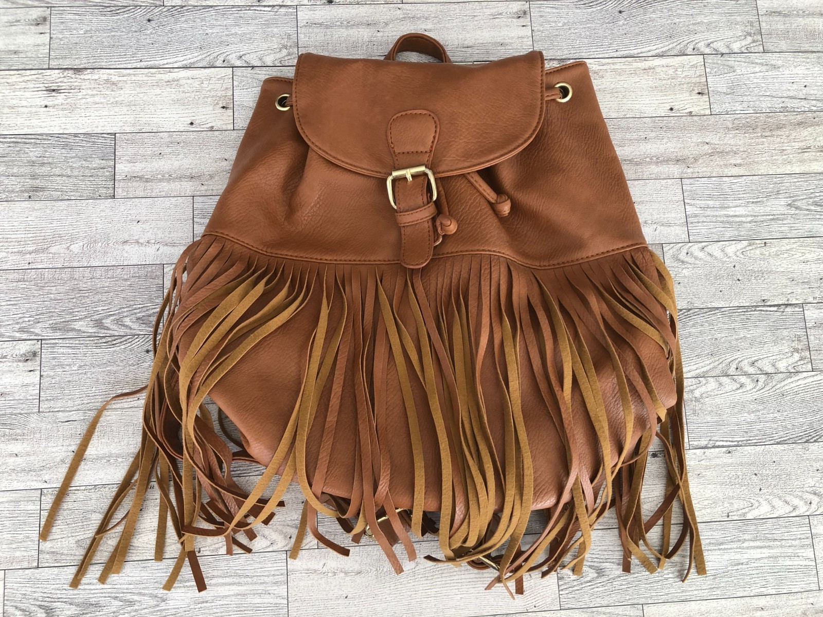 Faux Leather Brown Drawstring Backpack Handbag Fr… - image 1
