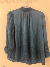 ZARA Blue Sheer Long Sleeve Blouse with Mock Neck  Feather Trim   Elegant Top