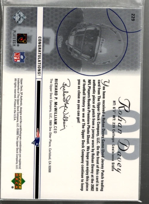 A4181- 2002 SP Authentic #229 Rohan Davey RC Jersey /850 (SAMPLE PICTURE) - Image 2 of 2