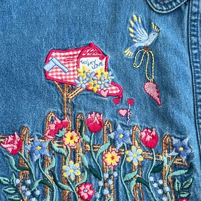 Vintage Bobbie Brooks Embroidered Love Garden Denim Shirt 26.5 Cottage Granny