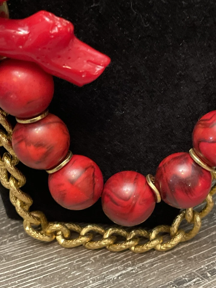 Collar grueso con cuentas de turquesa roja cadena dorada estilo coral babero Foto 3 de 4