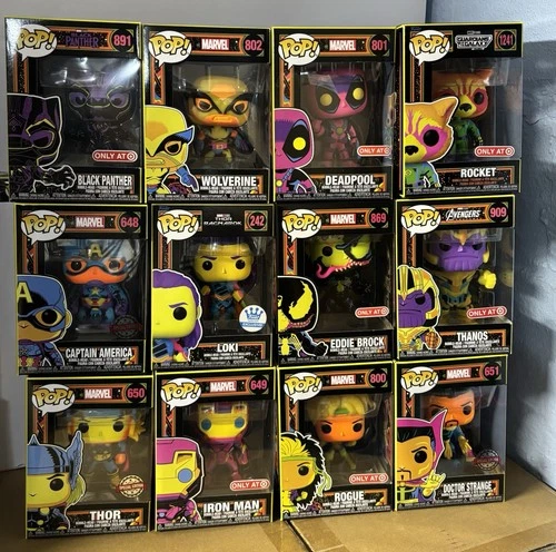 Marvel Black Light Funko Pop Lot Of 12 Wolverine Loki Eddie Thor Deadpool