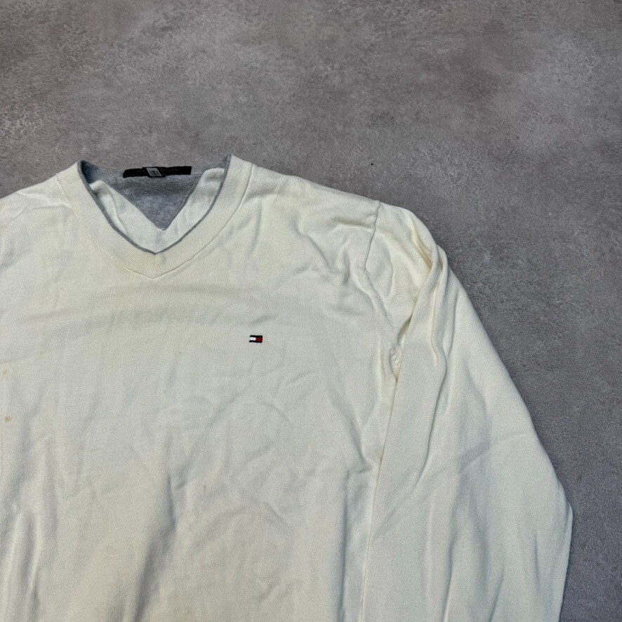 Tommy Hilfiger Jumper Knit Mens Y2K V Neck Knitted Sweater, White, Large image 2