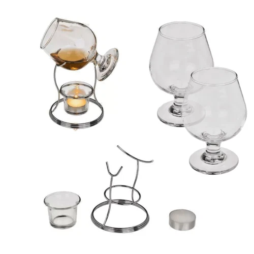 Brandy Cognac Glass Snifter Warmer & Silver Stand Holder Tumbler Bar Gift Set x2