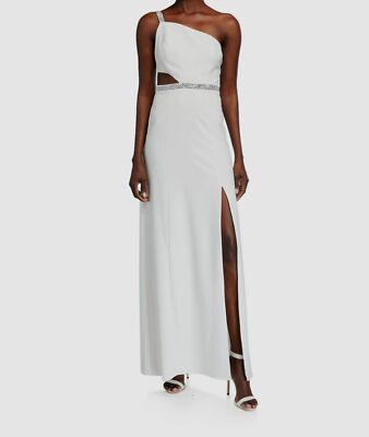 $245 Aidan Mattox Women's White One Shoulder Beaded Cutout Gown Dress Size 